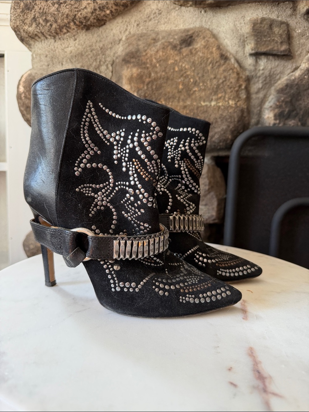 Isabel Marant Black Studded Suede Ankle Booties with Silver-Tone Hardware